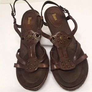 Bass women’s Sz 10 leather uppers espadrille wedge open toe ankle strap sandals